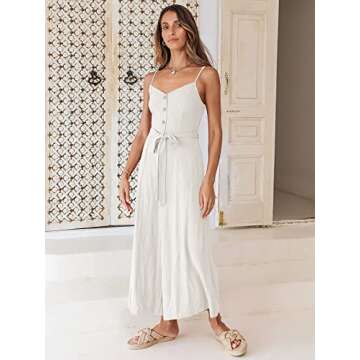 ANRABESS Jumpsuits for Women 2024 Summer Casual Linen Wide Leg V Neck Beach Rompers Dressy Spaghetti Strap Overalls White Small