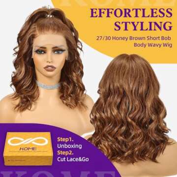 KOME Honey Brown Synthetic Lace Front Wig - 13x6 Pre Plucked Glueless Curl Bob for Daily Wear 16IN (...