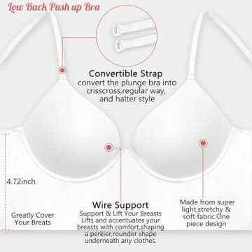 ForBaysy Low Back Bras for Women Push Up Backless Bra,Low Cut Multiway Convertible Bra Wire Plunge Bra White