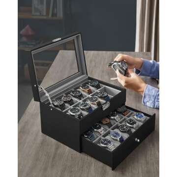 SONGMICS 20-Slot Watch Box, Watch Case with Glass Lid, 2 Layers, Lockable Watch Display Case, Black ...