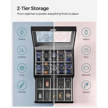 SONGMICS 20-Slot Watch Box, Watch Case with Glass Lid, 2 Layers, Lockable Watch Display Case, Black Synthetic Leather, Gray Lining UJWB006
