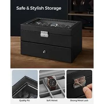 SONGMICS 20-Slot Watch Box, Watch Case with Glass Lid, 2 Layers, Lockable Watch Display Case, Black Synthetic Leather, Gray Lining UJWB006