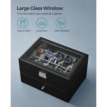 SONGMICS 20-Slot Watch Box, Watch Case with Glass Lid, 2 Layers, Lockable Watch Display Case, Black Synthetic Leather, Gray Lining UJWB006