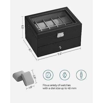 SONGMICS 20-Slot Watch Box, Watch Case with Glass Lid, 2 Layers, Lockable Watch Display Case, Black Synthetic Leather, Gray Lining UJWB006