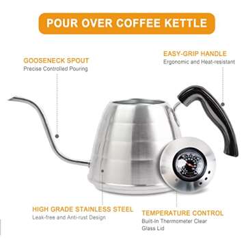 Gooseneck Pour Over Coffee Kettle, ENLOY Coffee Kettle Use for Drip Coffee and Tea 40oz/1.2L, Stainless Steel Pour Over Kettle with Fixed Thermometer for Exact Temperature