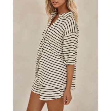 Burtell Summer Striped 2 Piece Lounge Sets For Women Casual Loose Short Sleeve Button Down Shirt Drawstring Shorts Pajama Set