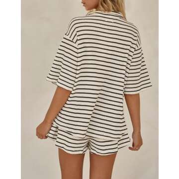 Burtell Summer Striped 2 Piece Lounge Sets For Women Casual Loose Short Sleeve Button Down Shirt Drawstring Shorts Pajama Set