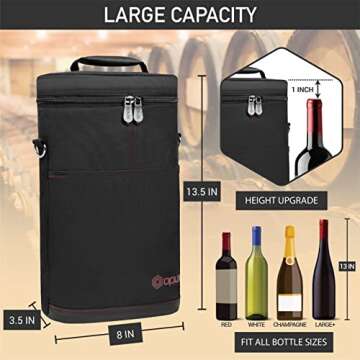 OPUX 2 Bottle Wine Carrier Tote, Insulated Leakproof Wine Cooler Bag, Wine Travel Bag Tote for Picnic BYOB Beach, Portable Wine Bottle Carrying Case, Gift for Wine Lover Women Men Christmas, Black