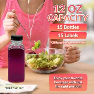 Reli. Plastic Juice Bottles [15 Pack] [12 oz] Square Plastic Juice Bottles with Caps & Sticker Labels | Clear, Empty for Juicing 12oz | Disposable, Reusable Containers for Juicing, Smoothies