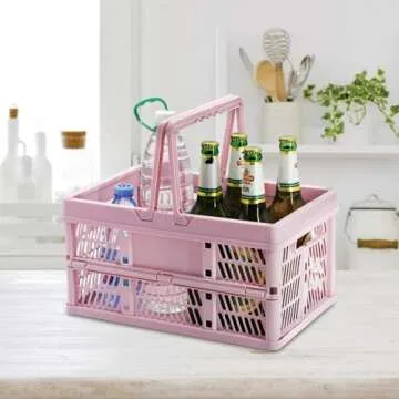 ZHJINGYU crates for storage,plastic baskets for organizing,collapsible shopping basket,20L foldable crate with Handles,Car Milk Dairy storage crate, for Kitchen,Bathroom,Medicine.Garage M,Pink