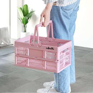 ZHJINGYU crates for storage,plastic baskets for organizing,collapsible shopping basket,20L foldable crate with Handles,Car Milk Dairy storage crate, for Kitchen,Bathroom,Medicine.Garage M,Pink