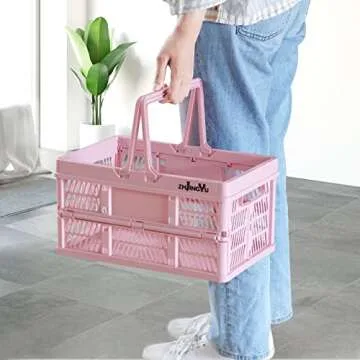 ZHJINGYU crates for storage,plastic baskets for organizing,collapsible shopping basket,20L foldable crate with Handles,Car Milk Dairy storage crate, for Kitchen,Bathroom,Medicine.Garage M,Pink