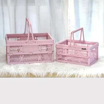 ZHJINGYU crates for storage,plastic baskets for organizing,collapsible shopping basket,20L foldable crate with Handles,Car Milk Dairy storage crate, for Kitchen,Bathroom,Medicine.Garage M,Pink