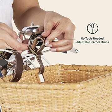 Retrospec Bicycles Cane Woven Rectangular Toto Basket with Authentic Leather Straps and Brass Buckles, Natural