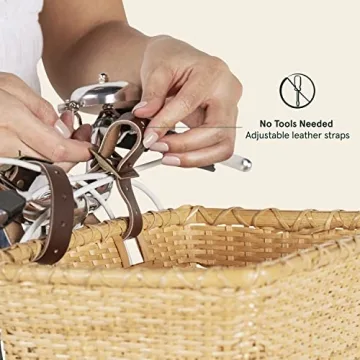 Retrospec Bicycles Cane Woven Rectangular Toto Basket with Authentic Leather Straps and Brass Buckles, Natural