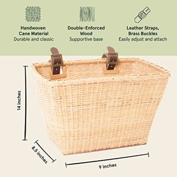 Retrospec Bicycles Cane Woven Rectangular Toto Basket with Authentic Leather Straps and Brass Buckles, Natural