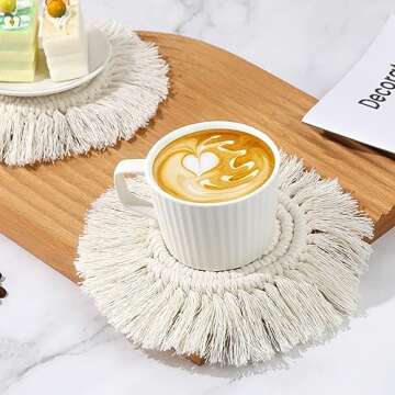 2 PCS Boho Coasters for Drinks Absorbent, Macrame Cotton Coasters for Wooden Table Round Drink Coaster Set with Tassels Housewarming Gift Bar Coffee Table Office Desk Decor