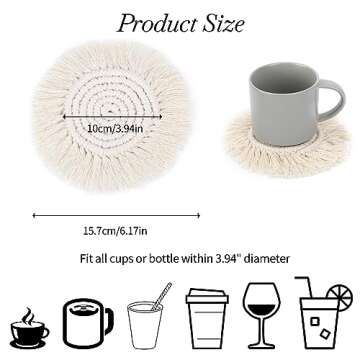 2 PCS Boho Coasters for Drinks Absorbent, Macrame Cotton Coasters for Wooden Table Round Drink Coaster Set with Tassels Housewarming Gift Bar Coffee Table Office Desk Decor
