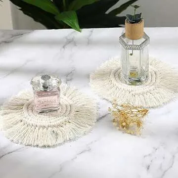 2 PCS Boho Coasters for Drinks Absorbent, Macrame Cotton Coasters for Wooden Table Round Drink Coaster Set with Tassels Housewarming Gift Bar Coffee Table Office Desk Decor