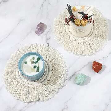 2 PCS Boho Coasters for Drinks Absorbent, Macrame Cotton Coasters for Wooden Table Round Drink Coaster Set with Tassels Housewarming Gift Bar Coffee Table Office Desk Decor