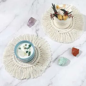 2 PCS Boho Coasters for Drinks Absorbent, Macrame Cotton Coasters for Wooden Table Round Drink Coaster Set with Tassels Housewarming Gift Bar Coffee Table Office Desk Decor