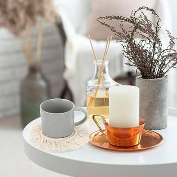 2 PCS Boho Coasters for Drinks Absorbent, Macrame Cotton Coasters for Wooden Table Round Drink Coaster Set with Tassels Housewarming Gift Bar Coffee Table Office Desk Decor