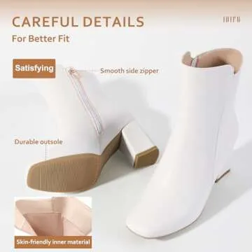 IDIFU Women's Ada Fashion Square Toe Ankle Boots Low Block Heel Short Boots Side Zipper Booties Shoes- Half Size Larger (White Pu, 9 M US)