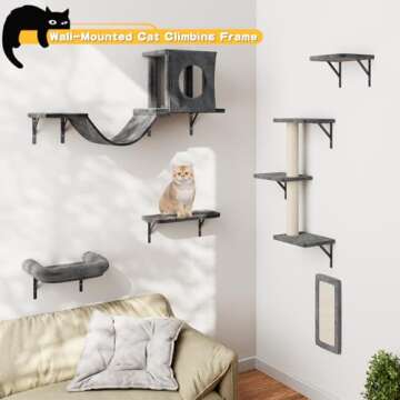 NUNU LAB Cat Wall Shelves, 6 Pcs Luxury Wall-Mounted Cat Climber Set, Indoor Cat Furniture with 1 Cat Condos House, 2 Cat Wall Shelves, 1 Scratching Post, 1 Bridge Ladder, 1 Scratching Pad