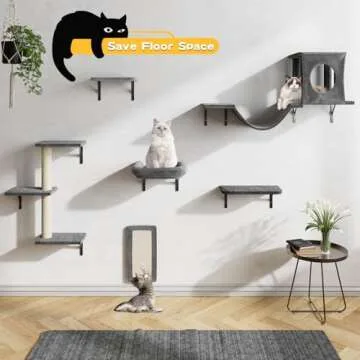 NUNU LAB Cat Wall Shelves, 6 Pcs Luxury Wall-Mounted Cat Climber Set, Indoor Cat Furniture with 1 Cat Condos House, 2 Cat Wall Shelves, 1 Scratching Post, 1 Bridge Ladder, 1 Scratching Pad
