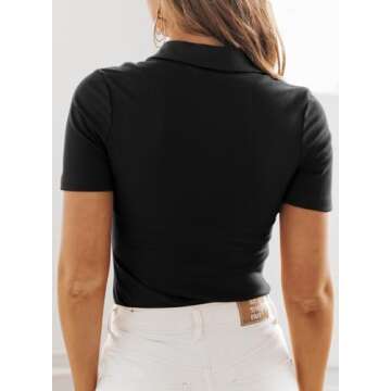Dokotoo Women's Polo Shirts Short Sleeve Button Down Shirts for Women Business Casual Collared Work Tops Basic Slim Fit Tshirts V Neck Tops Trendy Summer Outfits Clothes 2025 Black Tops for Women L