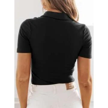 Dokotoo Women's Polo Shirts Short Sleeve Button Down Shirts for Women Business Casual Collared Work Tops Basic Slim Fit Tshirts V Neck Tops Trendy Summer Outfits Clothes 2025 Black Tops for Women L