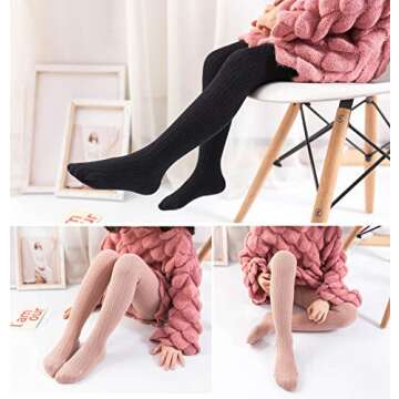 EPEIUS Little Girl Tights Thick Cable Knit Leggings Kids Girl Warm Cotton Pantyhose Toddler Stockings Dress Tights School Uniform Tights,White Pink Grey,4-6 Years