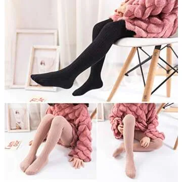 EPEIUS Little Girl Tights Thick Cable Knit Leggings Kids Girl Warm Cotton Pantyhose Toddler Stockings Dress Tights School Uniform Tights,White Pink Grey,4-6 Years