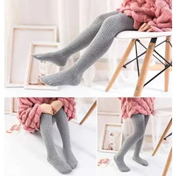 EPEIUS Little Girl Tights Thick Cable Knit Leggings Kids Girl Warm Cotton Pantyhose Toddler Stockings Dress Tights School Uniform Tights,White Pink Grey,4-6 Years