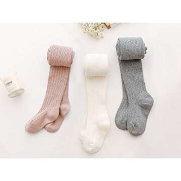 EPEIUS Little Girl Tights Thick Cable Knit Leggings Kids Girl Warm Cotton Pantyhose Toddler Stockings Dress Tights School Uniform Tights,White Pink Grey,4-6 Years