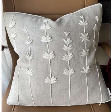 VAGMINE Hand Embroidered Daisy Accent Throw Pillow Cover - 18x18 Inches Square - 100% Linen Natural Decorative Cushion Cover for Couch, Sofa, Bed - Textured Embroidery - Boho Floral Home Décor