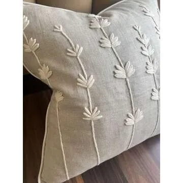 VAGMINE Hand Embroidered Daisy Accent Throw Pillow Cover - 18x18 Inches Square - 100% Linen Natural Decorative Cushion Cover for Couch, Sofa, Bed - Textured Embroidery - Boho Floral Home Décor