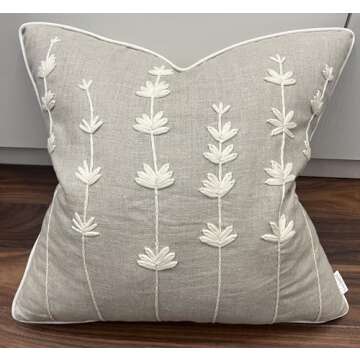 VAGMINE Hand Embroidered Daisy Accent Throw Pillow Cover - 18x18 Inches Square - 100% Linen Natural Decorative Cushion Cover for Couch, Sofa, Bed - Textured Embroidery - Boho Floral Home Décor