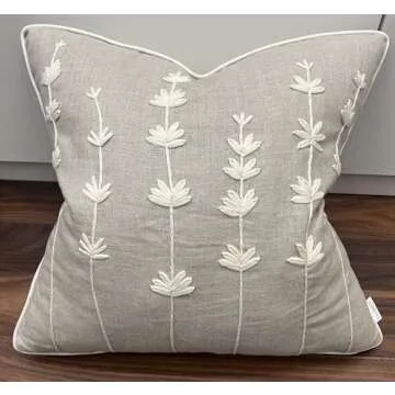 VAGMINE Hand Embroidered Daisy Accent Throw Pillow Cover - 18x18 Inches Square - 100% Linen Natural Decorative Cushion Cover for Couch, Sofa, Bed - Textured Embroidery - Boho Floral Home Décor
