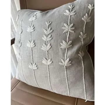 VAGMINE Hand Embroidered Daisy Accent Throw Pillow Cover - 18x18 Inches Square - 100% Linen Natural Decorative Cushion Cover for Couch, Sofa, Bed - Textured Embroidery - Boho Floral Home Décor