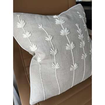 VAGMINE Hand Embroidered Daisy Accent Throw Pillow Cover - 18x18 Inches Square - 100% Linen Natural Decorative Cushion Cover for Couch, Sofa, Bed - Textured Embroidery - Boho Floral Home Décor