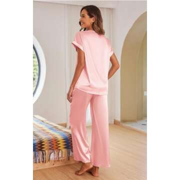 Ekouaer Womens Silk Pajamas Set Satin Pjs with Long Pants Short Sleeve Sleepwear Guipure V Neck Loun...