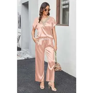 Ekouaer Womens Silk Pajamas Set Satin Pjs with Long Pants Short Sleeve Sleepwear Guipure V Neck Loungewear Pink