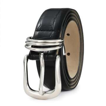 RISANTRY Women's Black Crocodile Belt with Silver Buckle Elegant Leather Alligator Waist Belt for Dr...