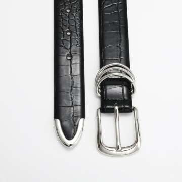 RISANTRY Women's Black Crocodile Belt with Silver Buckle Elegant Leather Alligator Waist Belt for Dress & Casual Wear