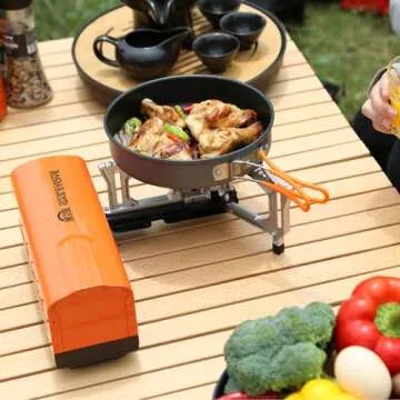 INFOOD Portable Camping Stove, Folding Camp Stove, Butane Gas Stove with Carrying Bag for Indoor Outdoor Cooking, Backpack Hiking Home Travel, Outdoor Patio, RV Trip & Picnic, Orange