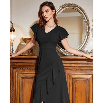 Ruffled Sleeves Formal Dress Women V Neck Split Dress Bodycon Evening Long Dress Mermaid Party Cocktail Dresses L Black