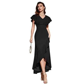 Ruffled Sleeves Formal Dress Women V Neck Split Dress Bodycon Evening Long Dress Mermaid Party Cocktail Dresses L Black