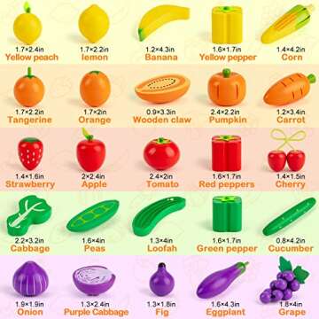 Sundaymot 69 PCS Wooden Play Food Toys, Shopping Play Toys with Canvas Tote & Sorting Bags, Pretend Toddler Toys Farmers Market Color Sorting Set with Wooden Fruits & Veggies, Play Kitchen Accessories