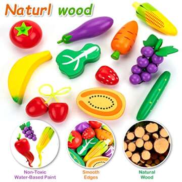 Sundaymot 69 PCS Wooden Play Food Toys, Shopping Play Toys with Canvas Tote & Sorting Bags, Pretend Toddler Toys Farmers Market Color Sorting Set with Wooden Fruits & Veggies, Play Kitchen Accessories